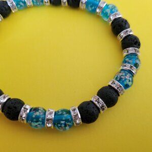 New! Glow In The Dark Stretch Bracelet. Lava Rock & Blue Firefly Glass! Stunning